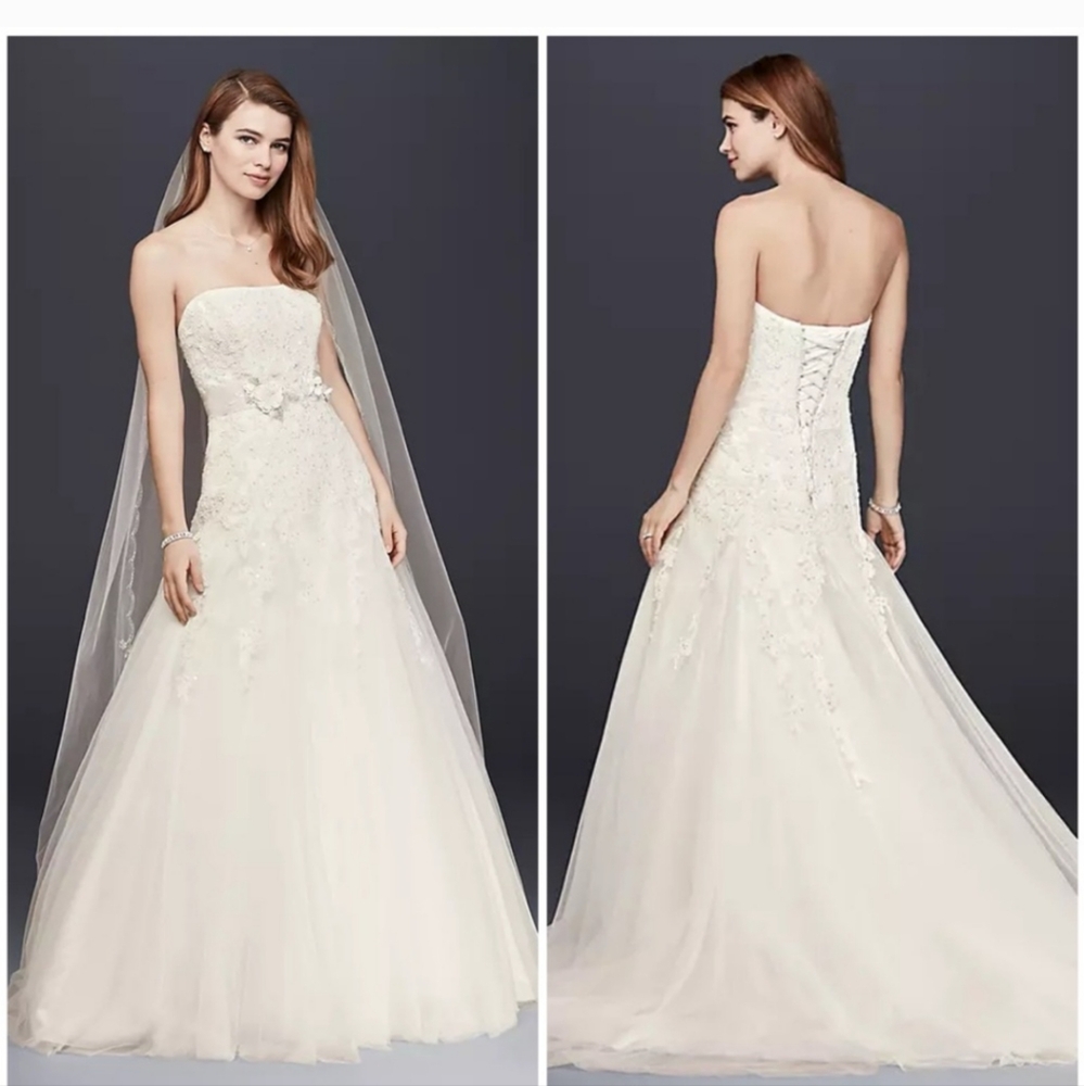 Davids Bridal Strapless Tulle Wedding Dress with Beaded Lace V3469 Ivory Sz 12